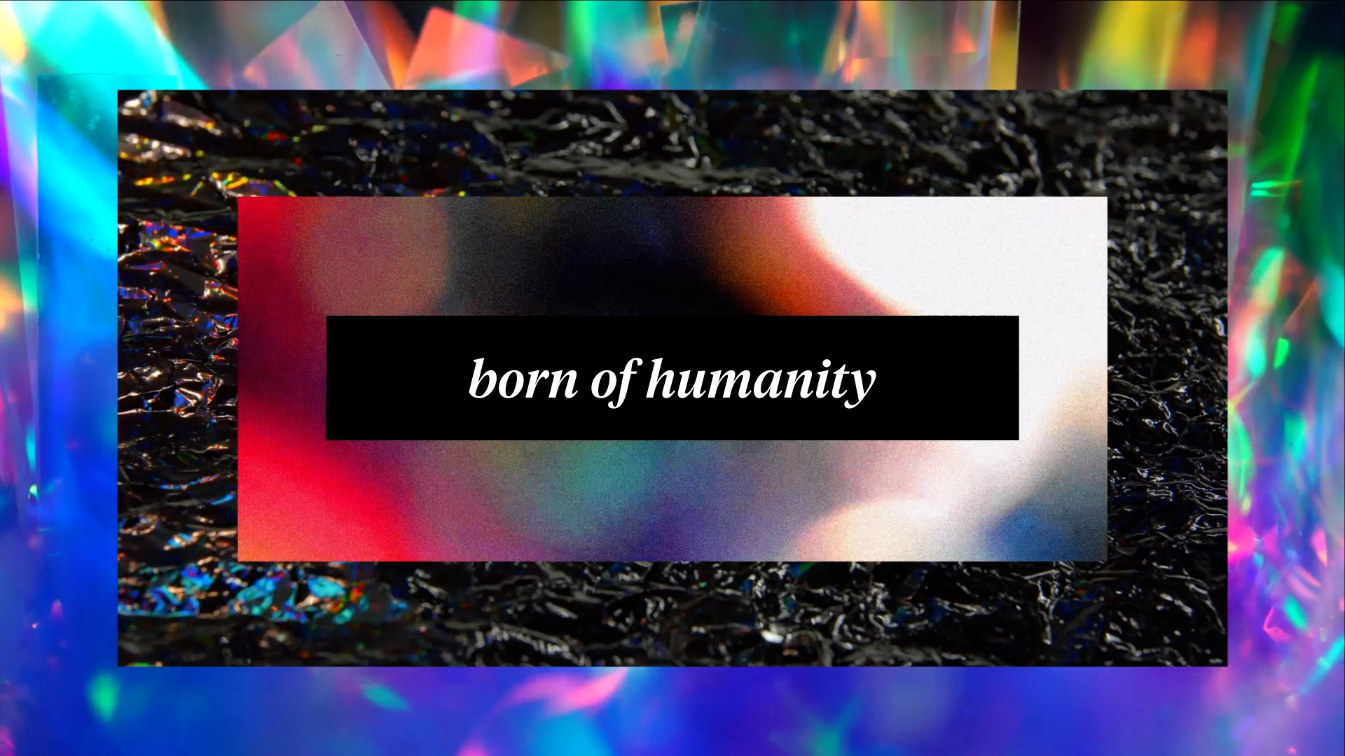 The words "born of humanity" is surrounded by various boxes that have different colors. They celebrate everyone's background and unique story 