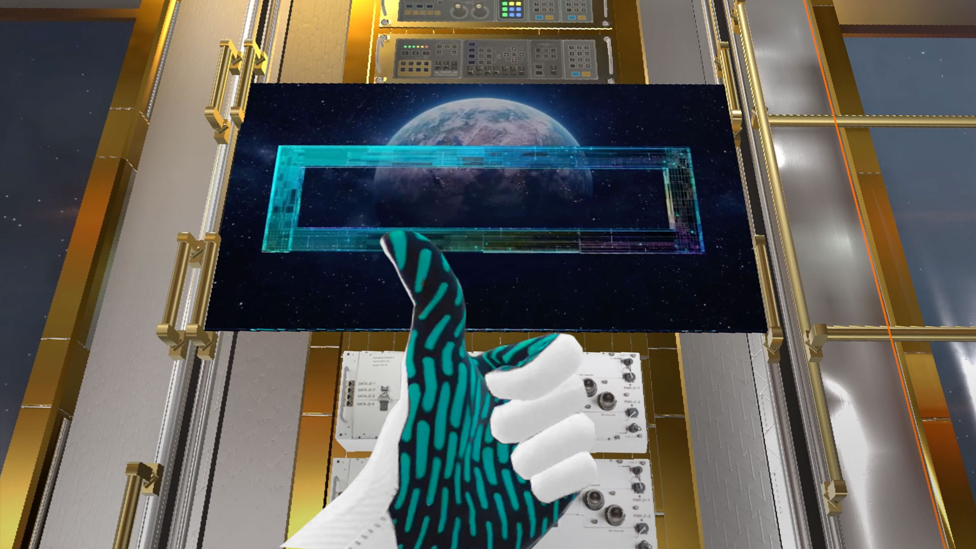 A view of what a hand looks like in the virtual world. The hand gives a thumbs up gesture to a large screen that shows Earth from above.